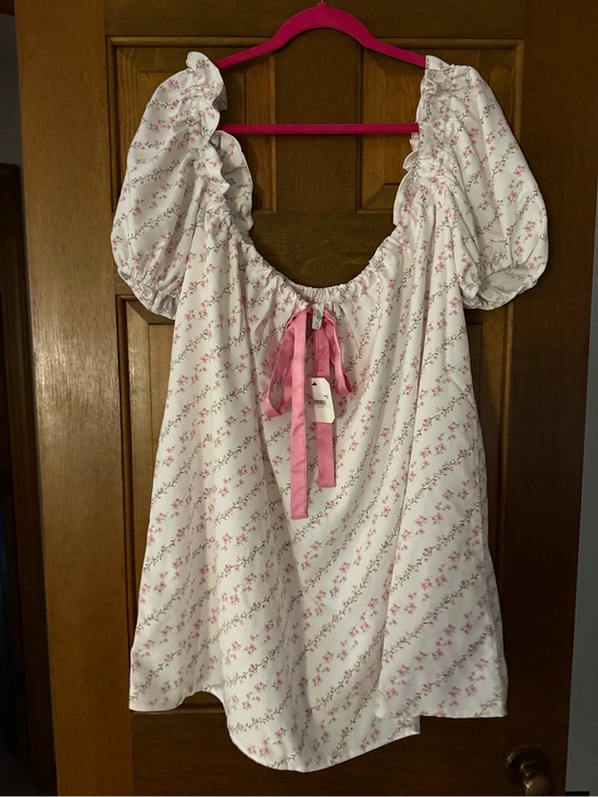 Altar'd State Dresses & Skirts - Altar'd State White Mini Dress with Pink Floral Print and Pink Ribbon